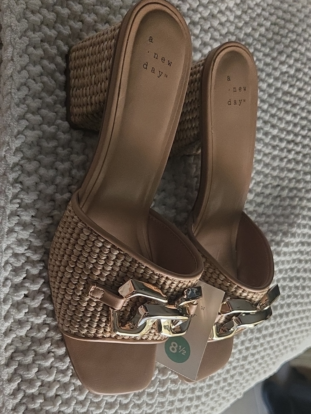a new day Tan Woven Block Heel Mules with Gold Chain Accent